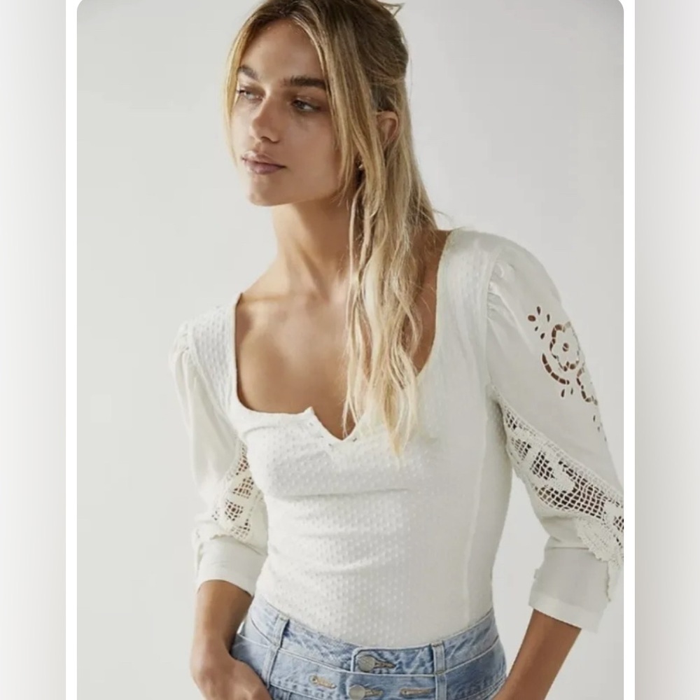 Free People Cream Brunch Date Puff Sleeve Shirt- NWT